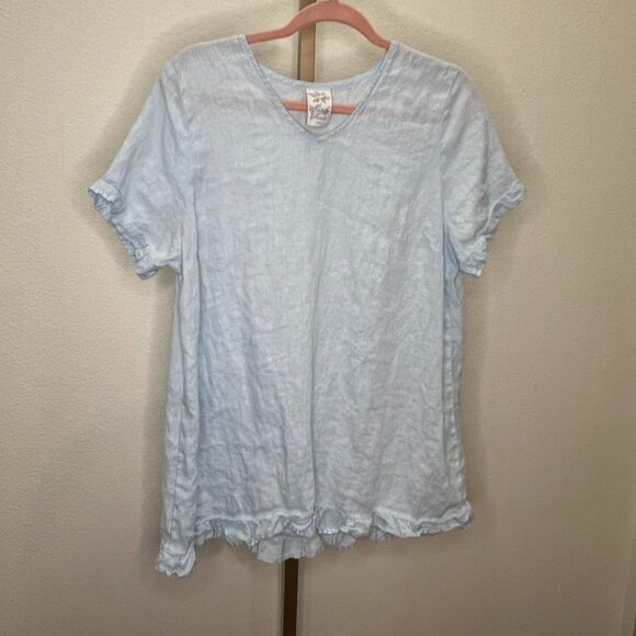 Match Point Linen Crew Neck Tunic Blouse Ruffle Hem Sky Blue Size Large - Picture 1 of 6